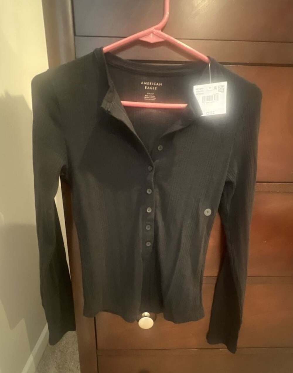 American Eagle Ribbed Long Sleeve Henley Top Black